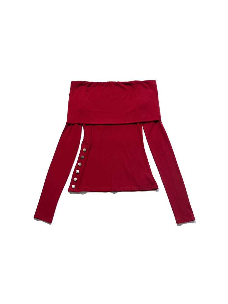 NEXT PASSPORT striped bardot side-slit fitted long-sleeve tee in RED, solo flat lay