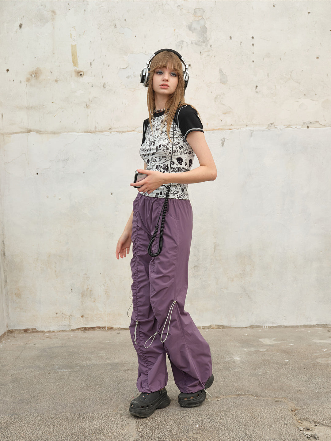 NEXT PASSPORT three-color ruched drawstring wide-leg pants in purple, side view