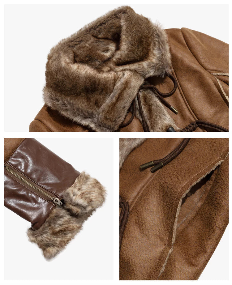 NEXT PASSPORT dark-brown rope-toggle shearling cropped jacket, fur collar cuff and seam detail collage