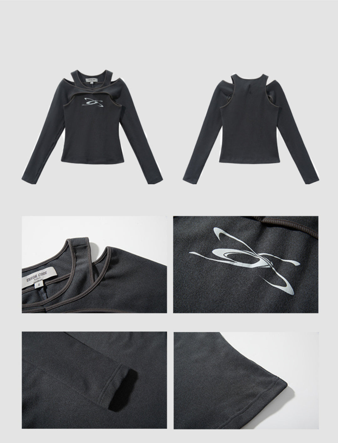 ERRORCODE ROBOT dark gray off-shoulder long-sleeve tee, front and back garment views with neckline, logo, sleeve, and hem details