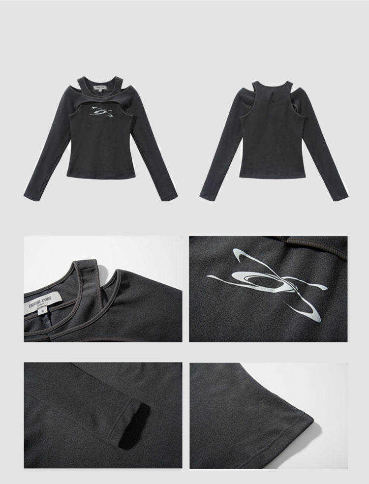 ERRORCODE ROBOT dark gray off-shoulder long-sleeve tee, front and back garment views with neckline, logo, sleeve, and hem details