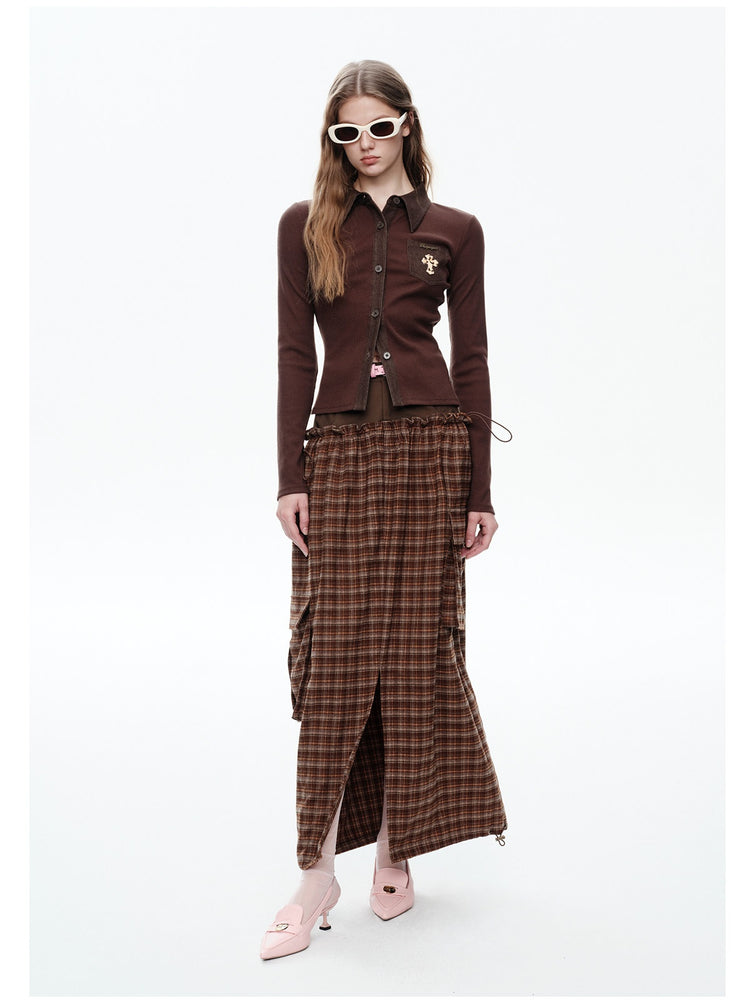 NEXT PASSPORT brown plaid faux-layered maxi skirt angled view