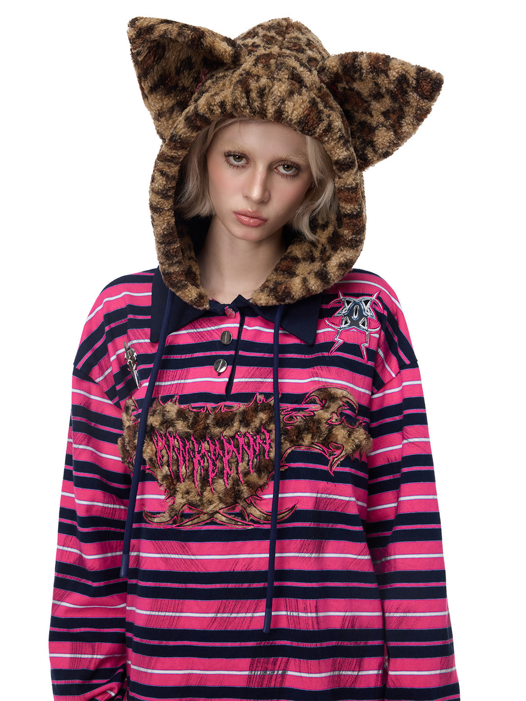 PINKSPINK CAT ALIEN leopard-ear striped hoodie — close front modeled view showing the leopard hood lining
