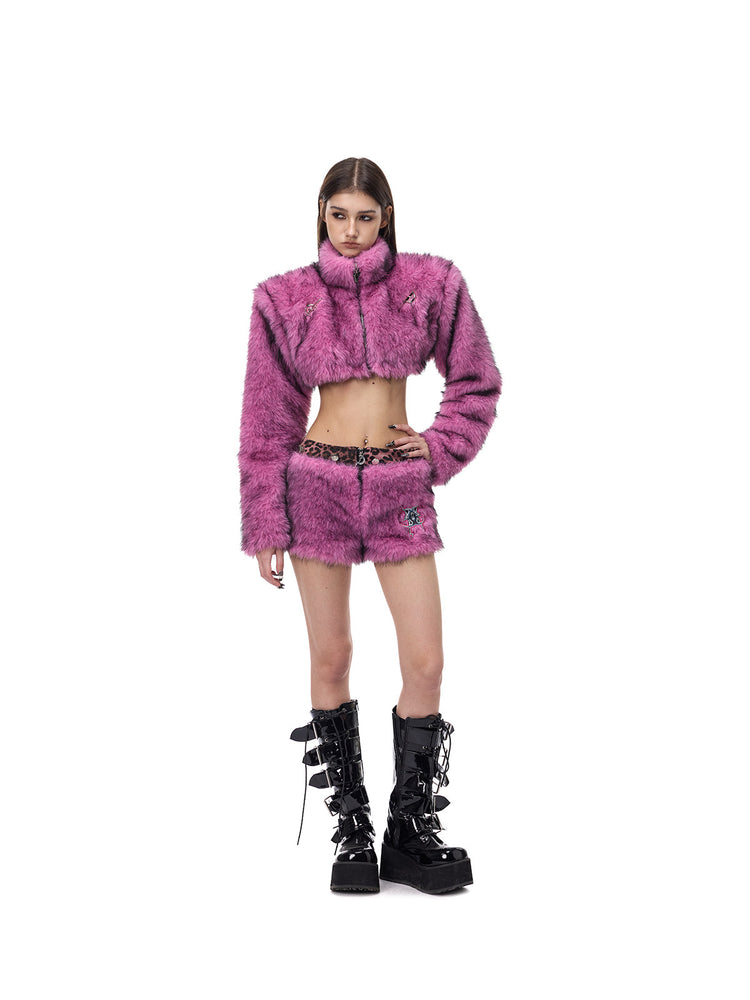 PINKSPINK ELECTRIC MOON gradient faux-fur cropped jacket — full-length modeled view with one hand at the waist and platform boots