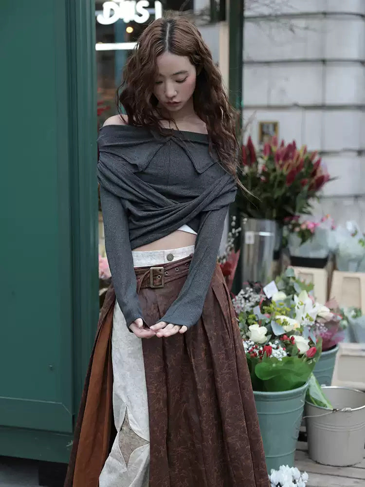Brown faux-suede wrap maxi skirt street styling front view