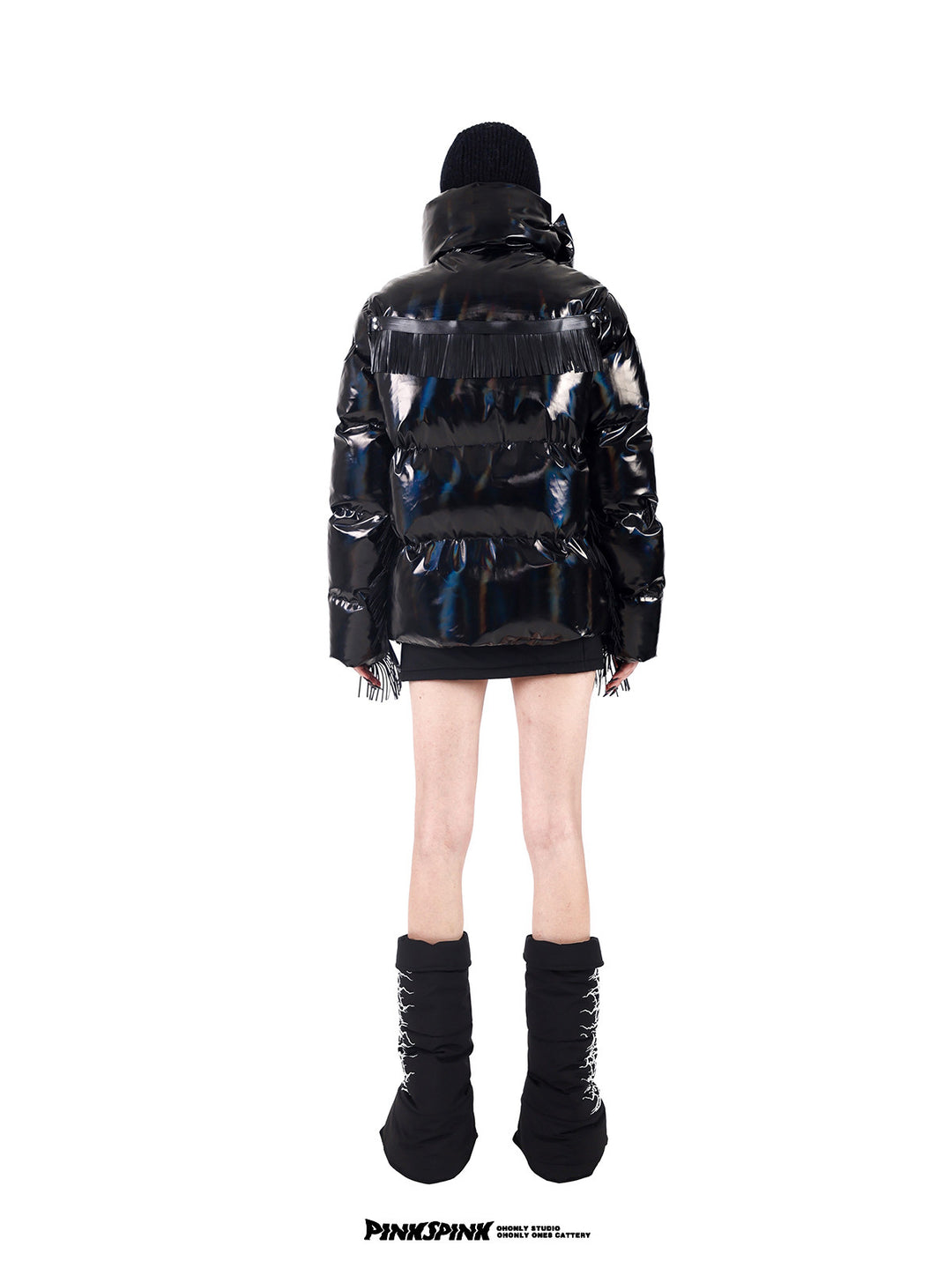 PINKSPINK ELECTRIC THORN embroidered knit balaclava in black — rear modeled view with a glossy black puffer
