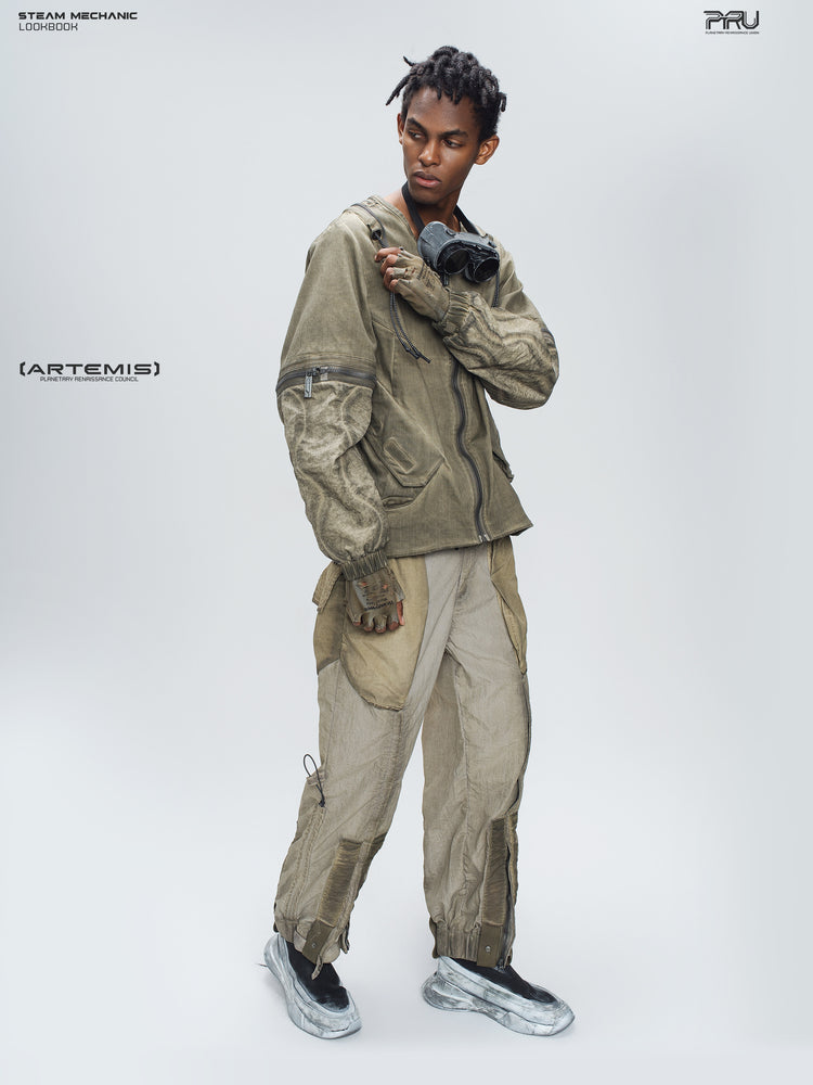 PIONEER mercury-brown detachable-sleeve jacket, full-length side pose showing sleeve and pocket construction
