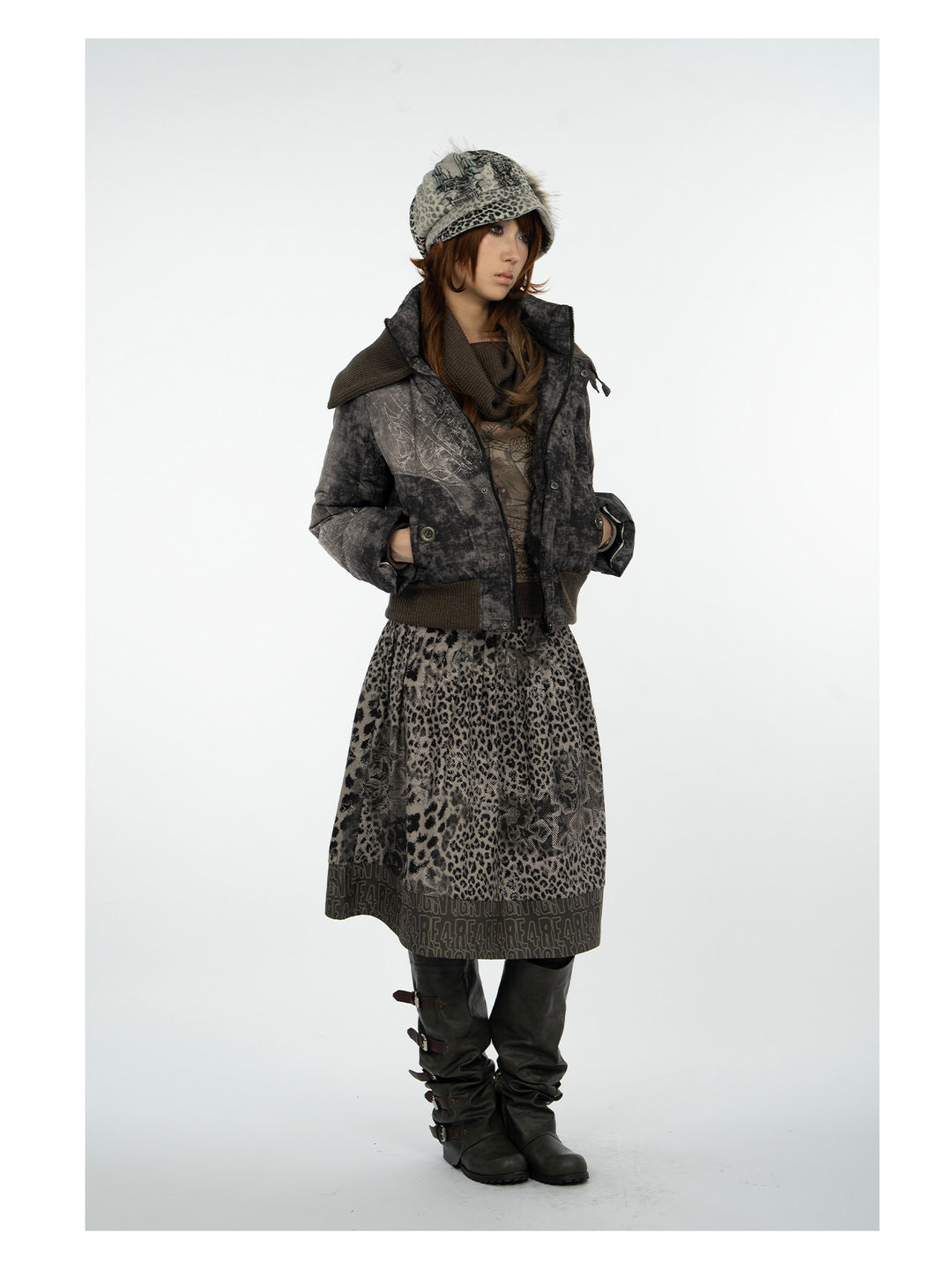 4RE1GN MYSTIC STAR knit-collar down jacket in gray multicolor — full-length three-quarter modeled view with the jacket open