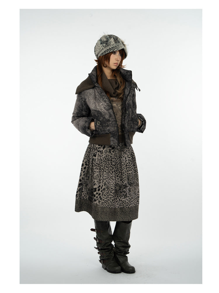 4RE1GN MYSTIC STAR knit-collar down jacket in gray multicolor — full-length three-quarter modeled view with the jacket open