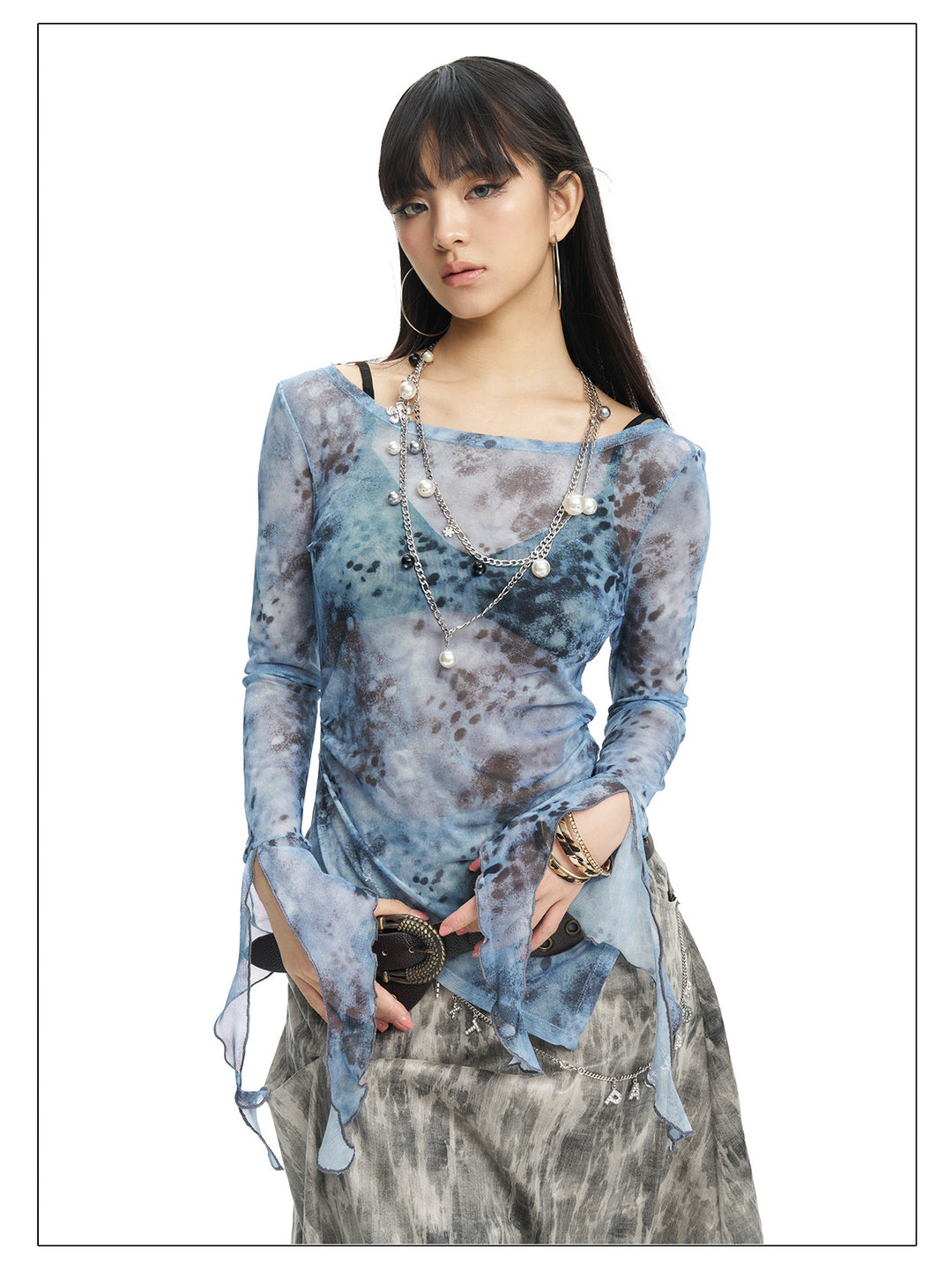 NEXT PASSPORT blue-gray printed mesh asymmetric long-sleeve top, photo 12