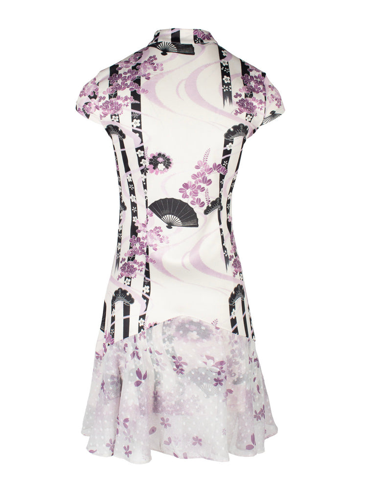 4RE1GN PURPLE MOOD mandarin-collar dress in multicolor — back garment-only view showing the fitted waist and chiffon hem