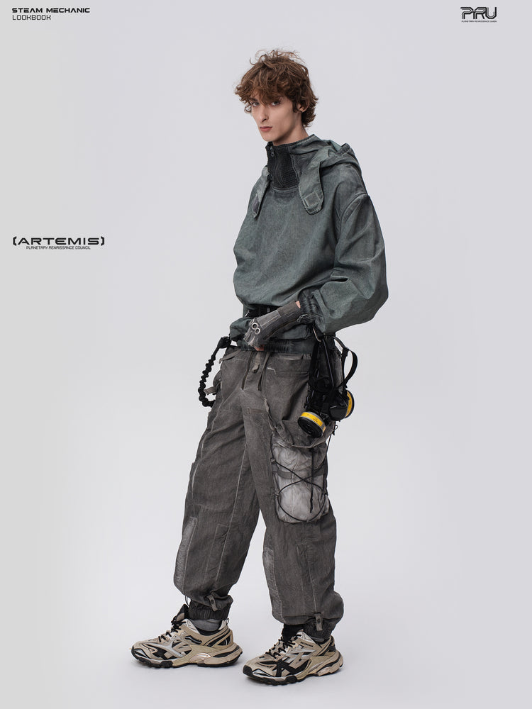 PIONEER detachable-hood mesh hoodie in moon shadow blue, three-quarter full-body pose showing the loose silhouette