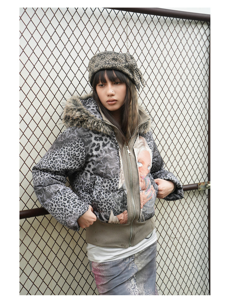 4RE1GN NAILS DONE leopard graphic down jacket in gray multicolor — front modeled view showing the zipper and broad ribbed hem