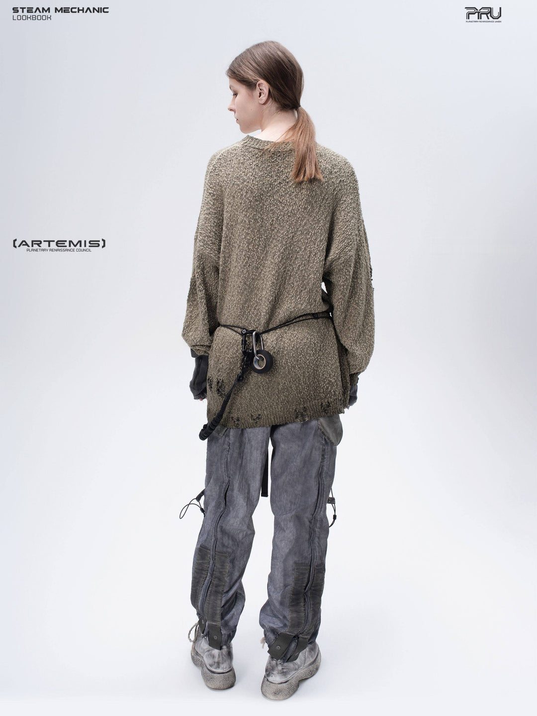ARTEMIS distressed reversible knit sweater, mercury brown, full rear outfit view
