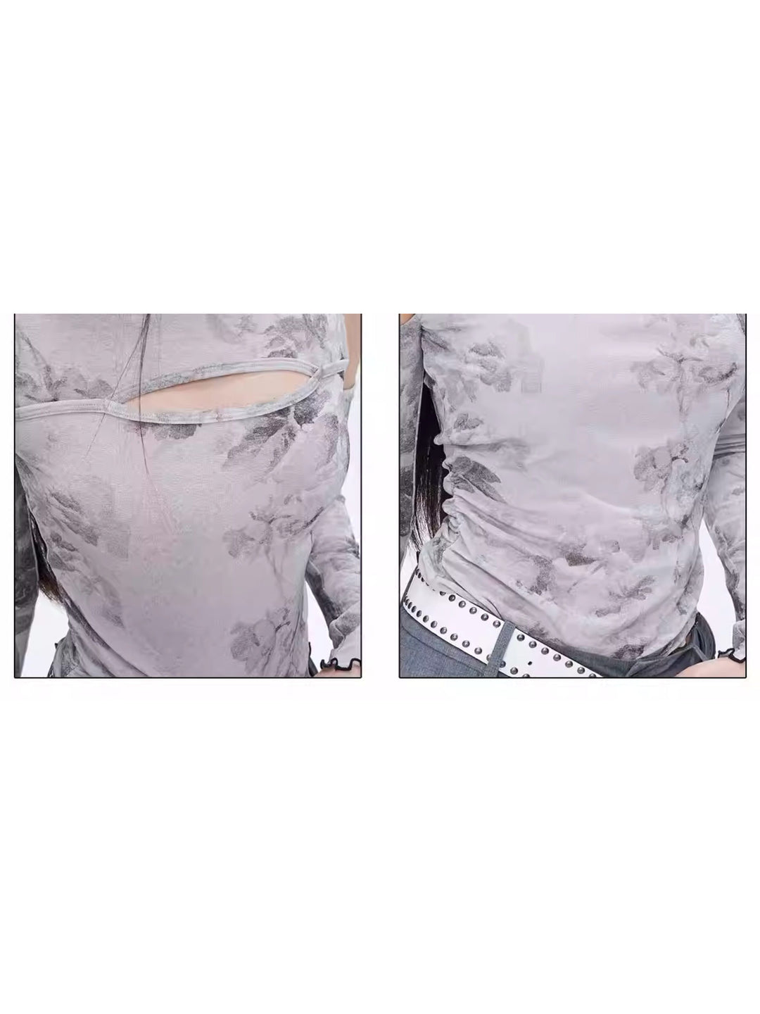 NEXT PASSPORT gray ink-print asymmetric off-shoulder top