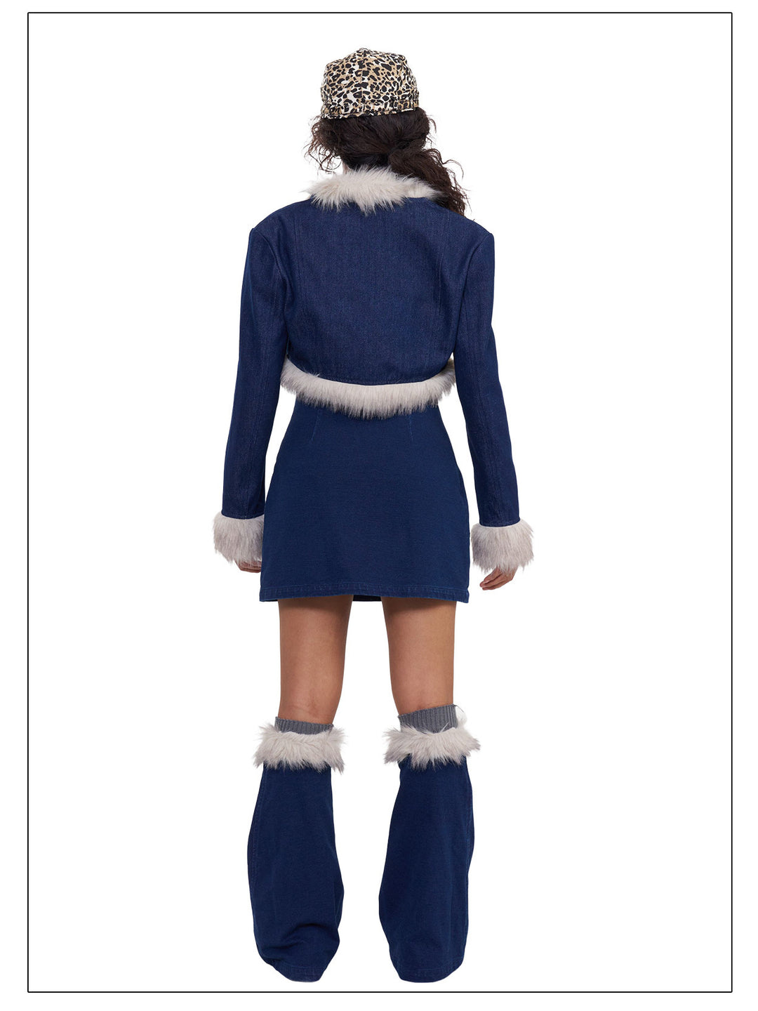 NEXT PASSPORT denim leg warmers back full-length view.