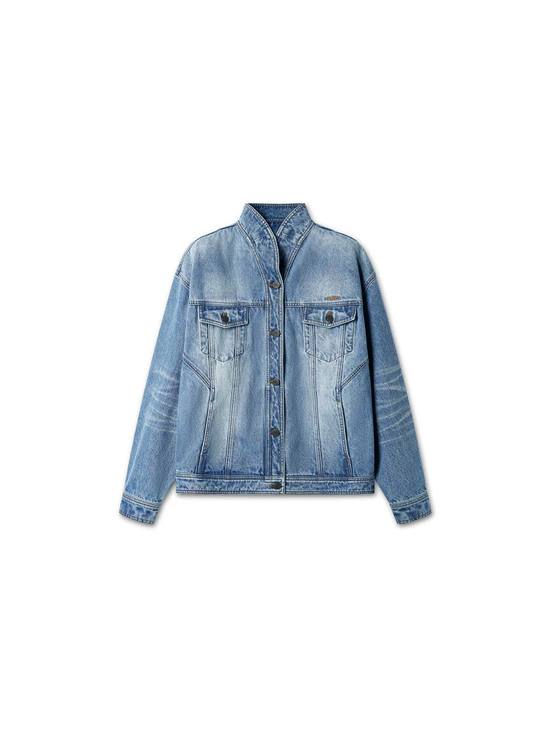 NAWS VOLCANO washed denim stand-collar jacket — Glacier Blue denim stand-collar jacket, front product view