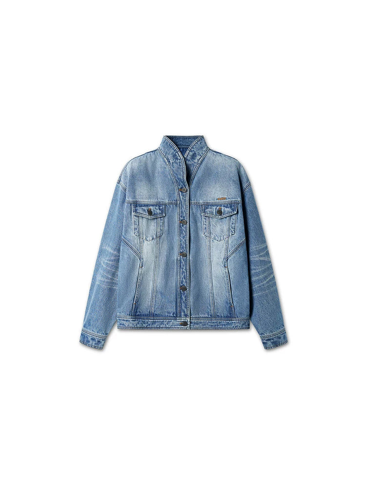 NAWS VOLCANO washed denim stand-collar jacket — Glacier Blue denim stand-collar jacket, front product view