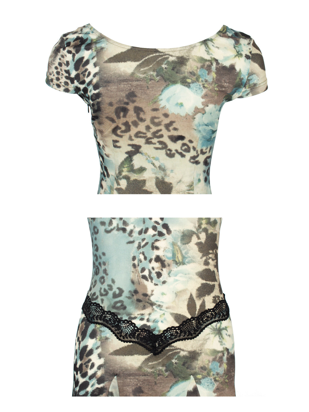 4RE1GN SEA BLUE leopard floral lace dress in gray blue — back neckline and front lace waist details