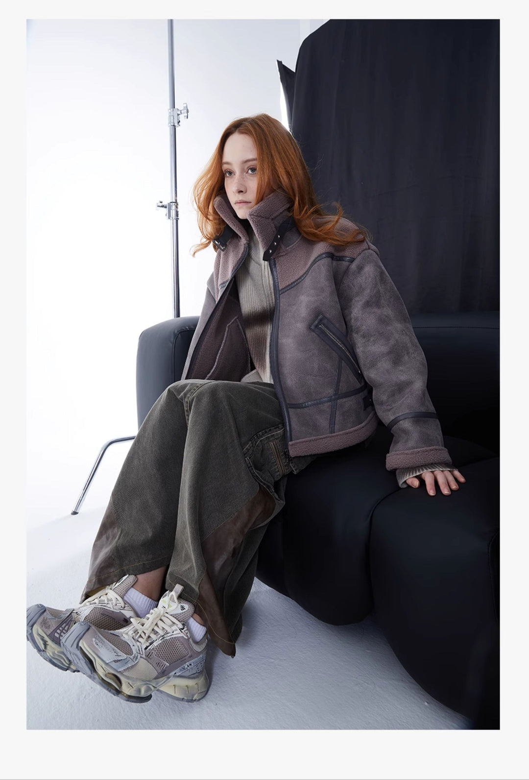 ERRORCODE ROBOT gray-purple paneled faux-shearling jacket, seated studio modeled view