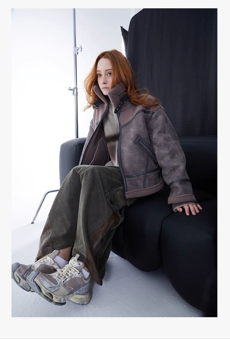 ERRORCODE ROBOT gray-purple paneled faux-shearling jacket, seated studio modeled view