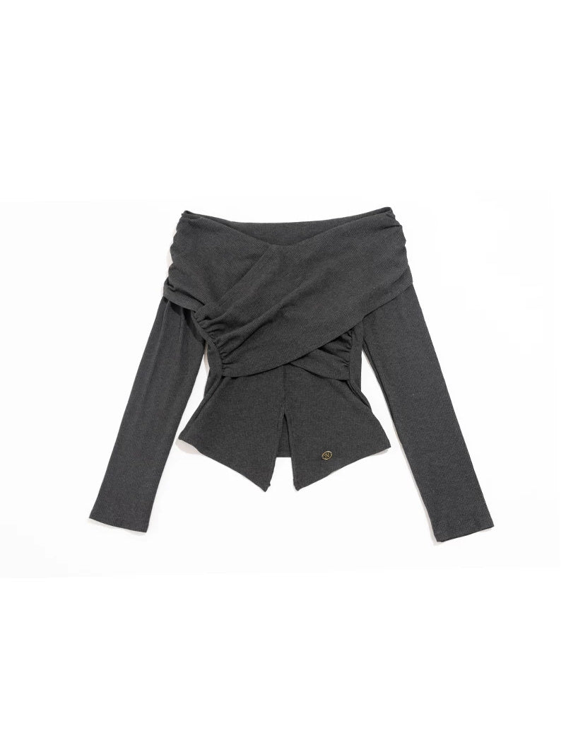 NEXT PASSPORT gray cross-pleated off-shoulder top — view 12