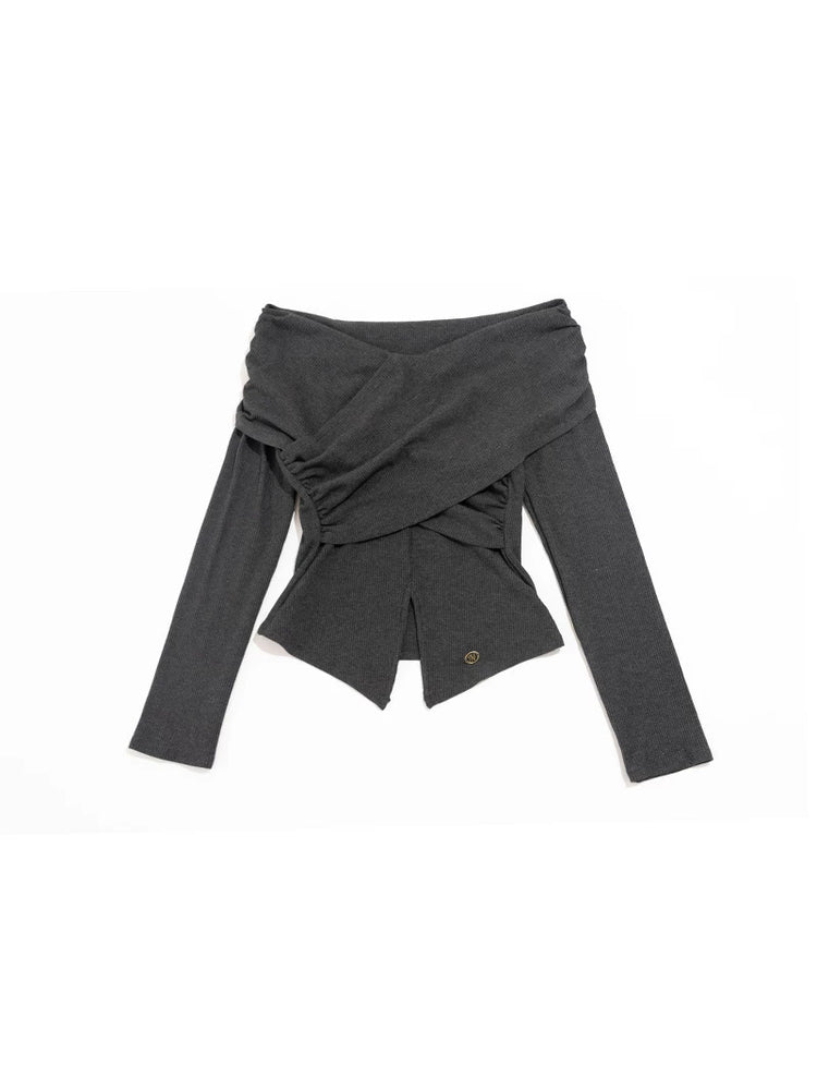 NEXT PASSPORT gray cross-pleated off-shoulder top — view 12
