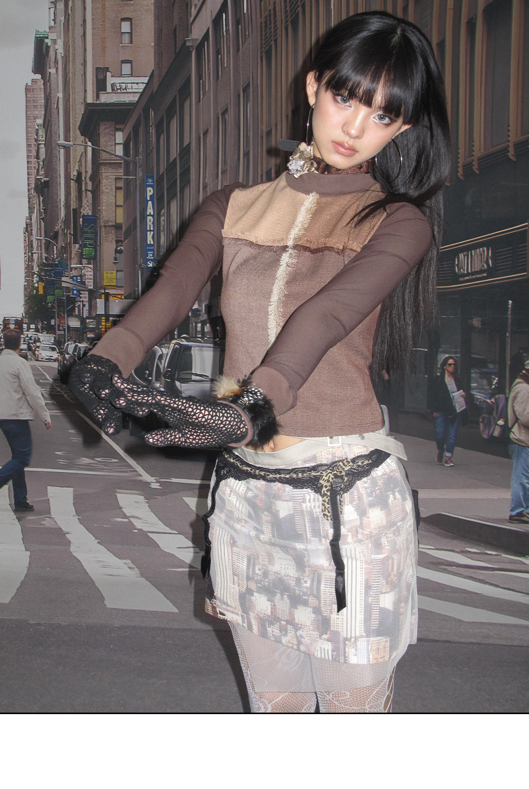NEXT PASSPORT HAZY CITY mesh double-waist mini skirt — full-length alternate studio styling view.