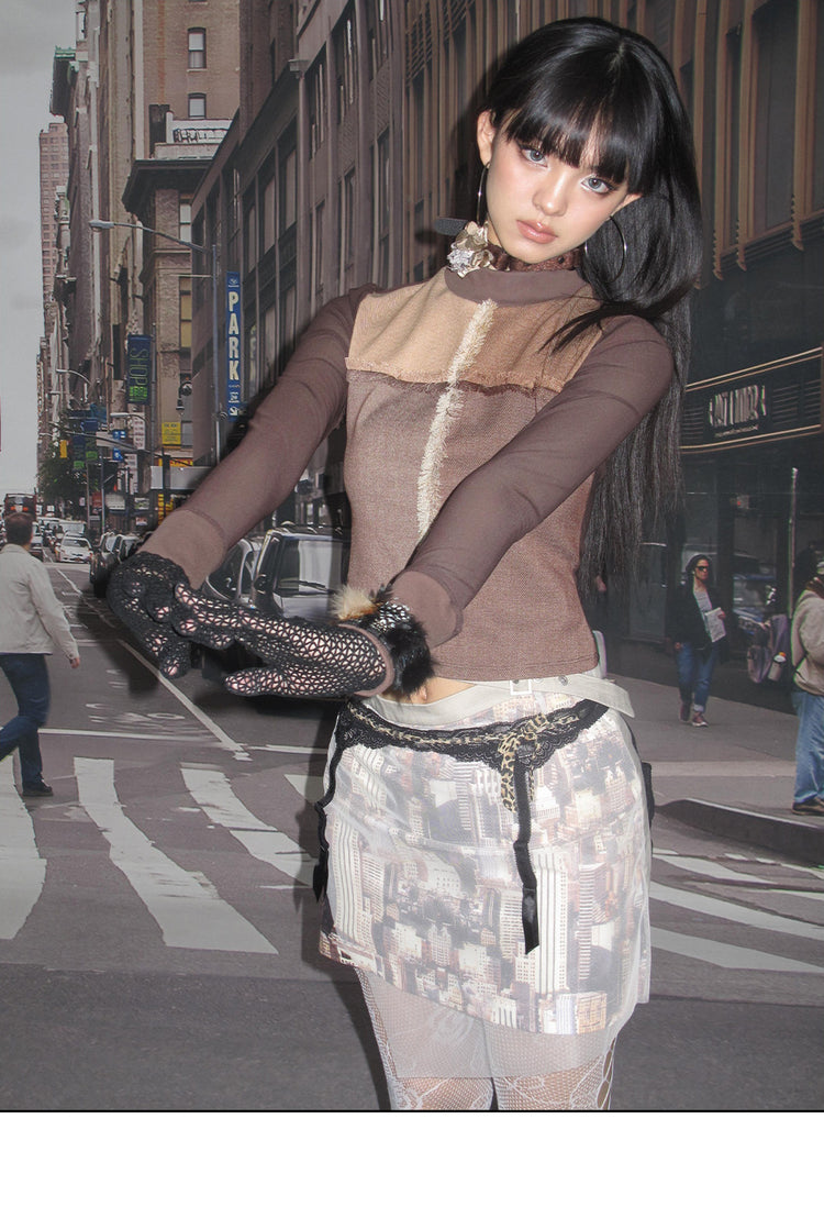 NEXT PASSPORT HAZY CITY mesh double-waist mini skirt — full-length alternate studio styling view.