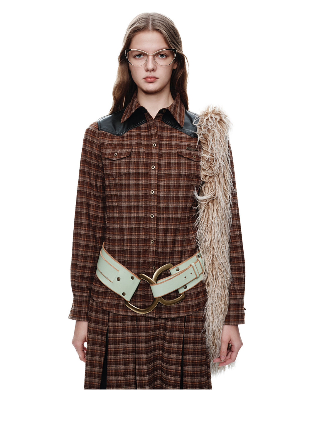 NEXT PASSPORT brown faux-leather plaid shirt — upper-body modeled view