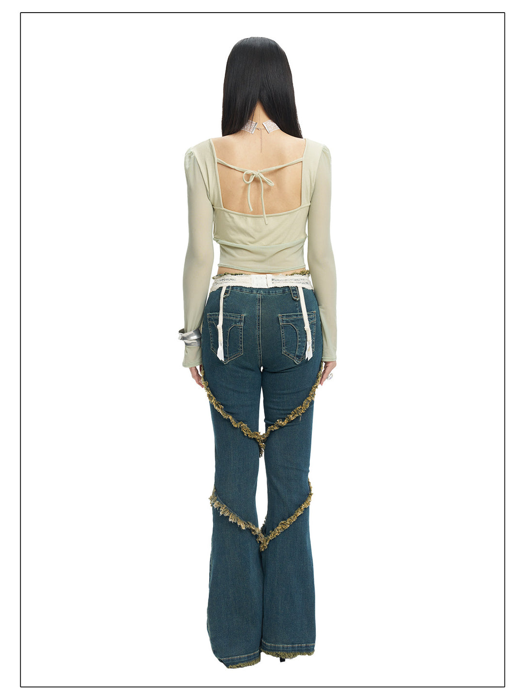 NEXT PASSPORT deep-blue frayed-hem slim flare jeans in denim blue — full-length back modeled view.