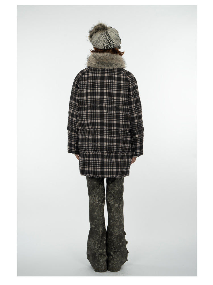 4RE1GN BEARHEART plaid long down coat in brown multicolor — back modeled view showing the bear and plaid print