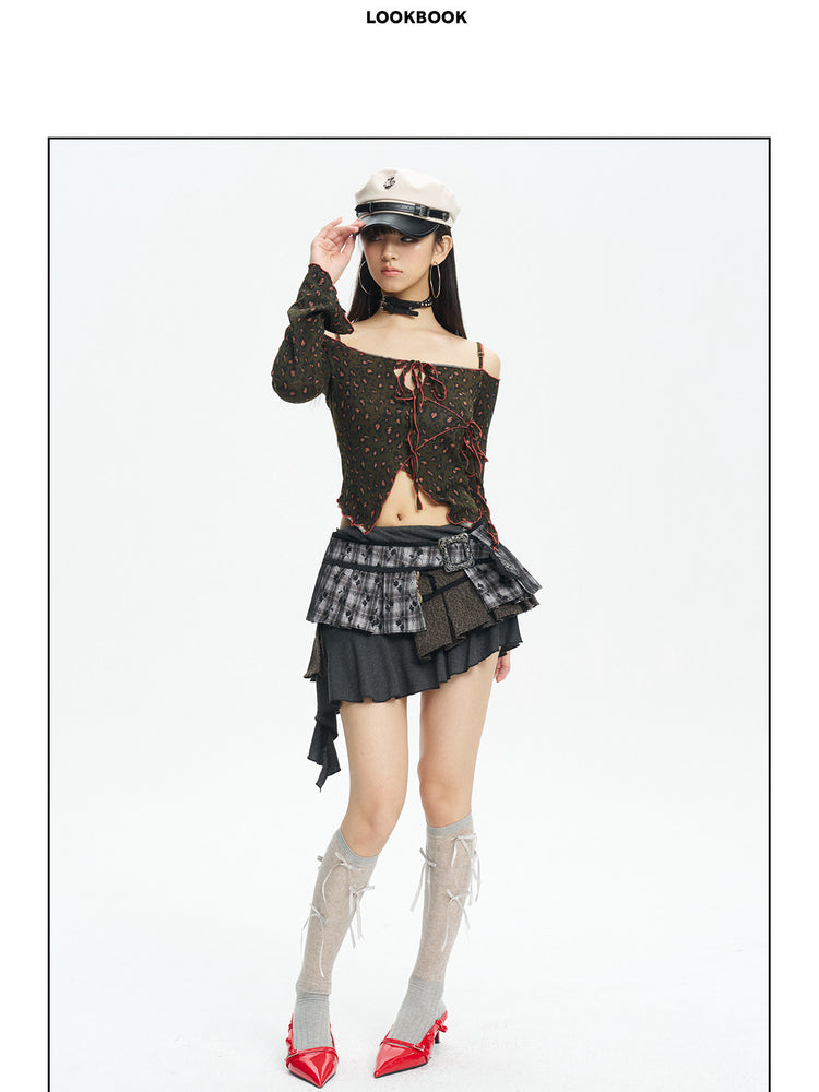 Lookbook view of the leopard lace-up off-shoulder knit top