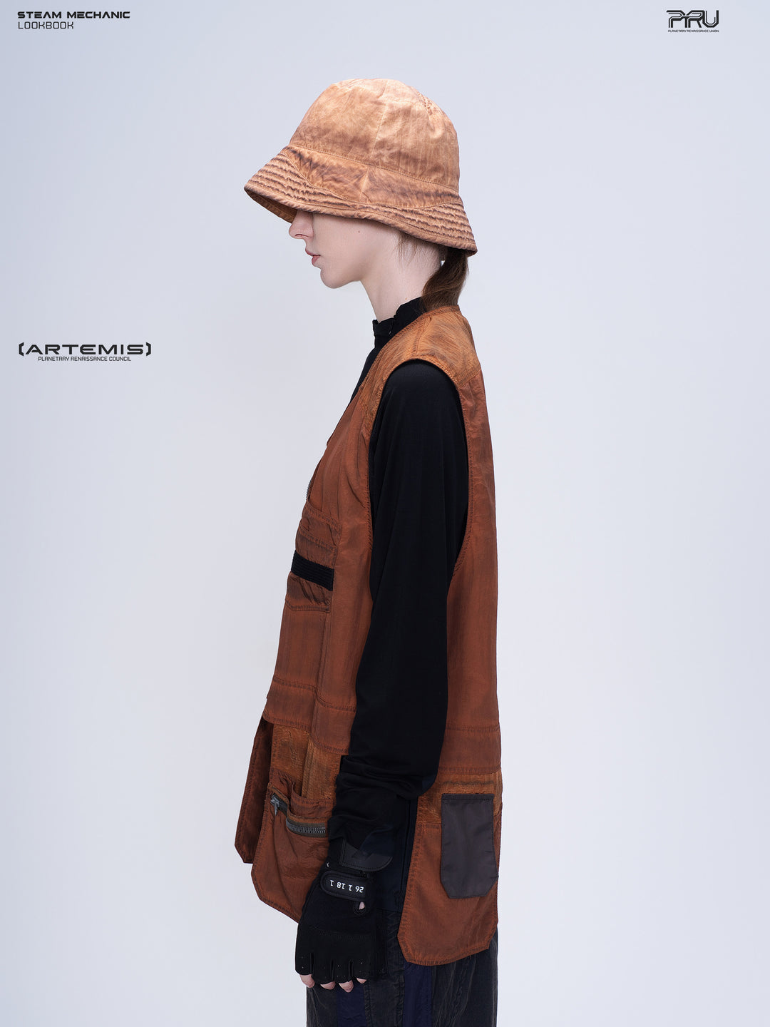 PIONEER sedna-red multi-pocket vest, side-profile modeled view showing the vest silhouette