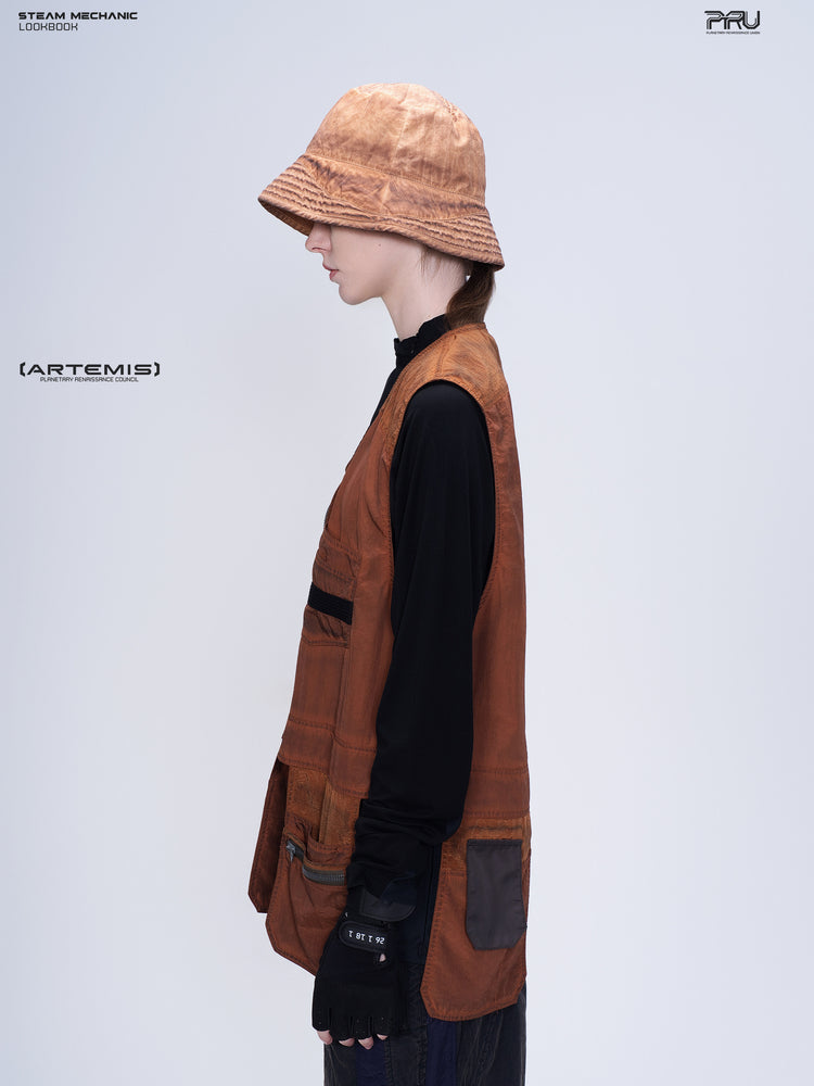 PIONEER sedna-red multi-pocket vest, side-profile modeled view showing the vest silhouette