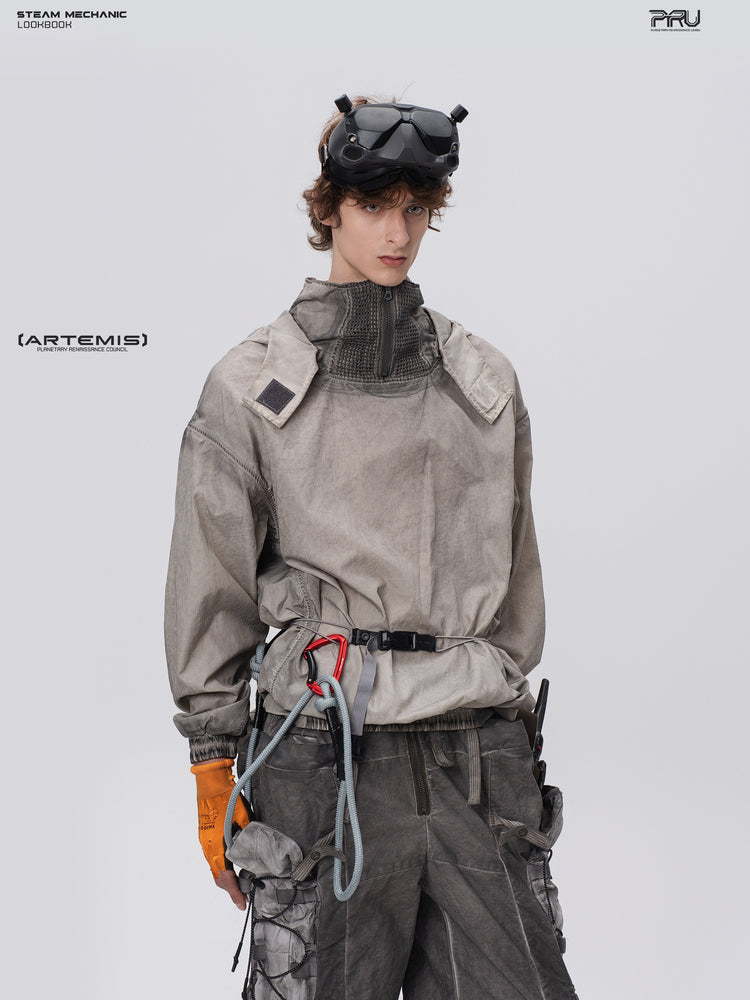 PIONEER meteorite-gray mesh hoodie, front close view with one shoulder turned