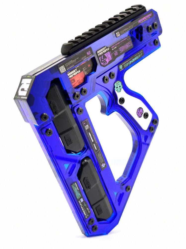 FOCKSHOP REBORN illuminated blaster prop — blue full prop with contrasting graphic panels on white