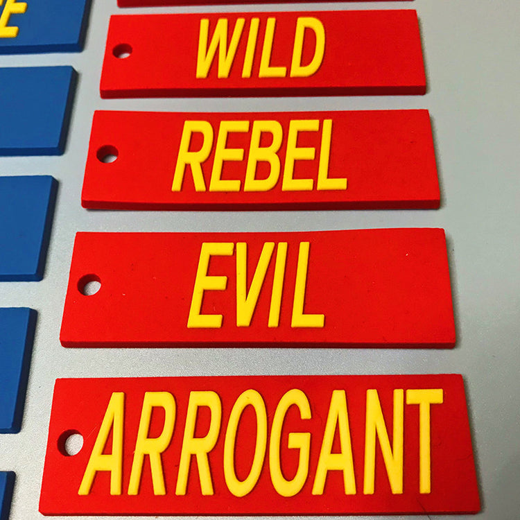 EOH-STUDIO BTBM red WILD, REBEL, EVIL and ARROGANT silicone word panels, close-up.