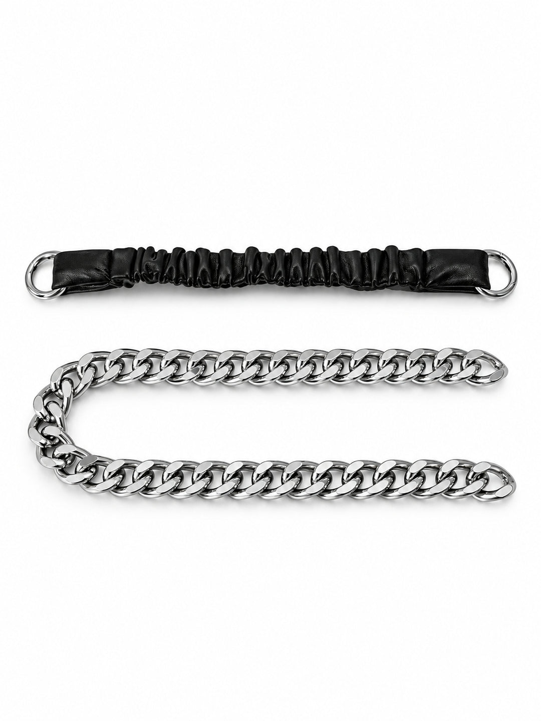 WRAVEN belt with detached curb chain beside the gathered strap and attached round connectors.