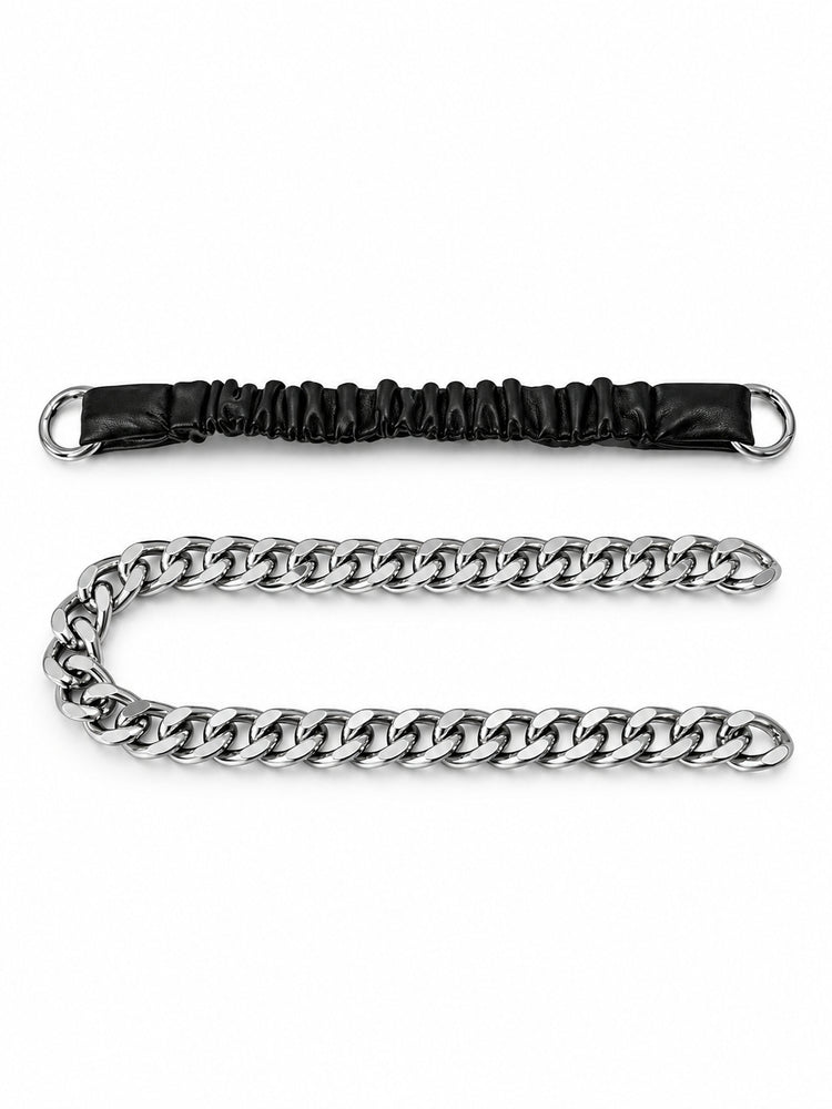 WRAVEN belt with detached curb chain beside the gathered strap and attached round connectors.