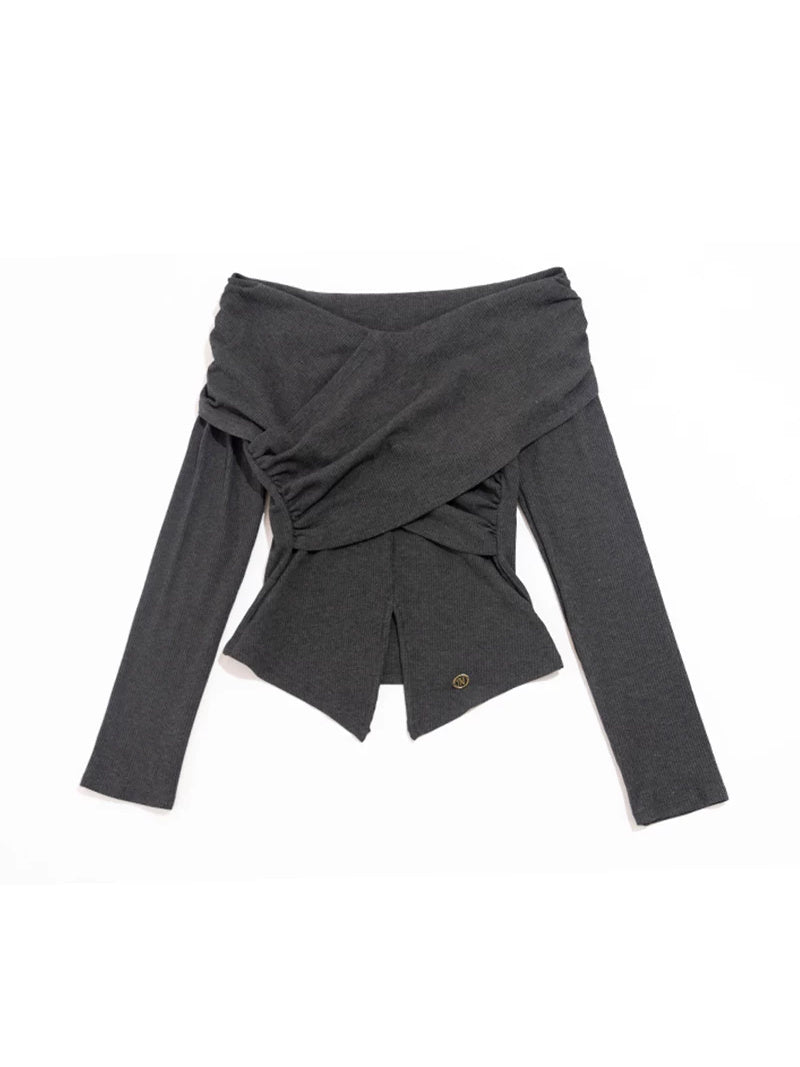 NEXT PASSPORT gray cross-pleated off-shoulder long-sleeve top flat lay