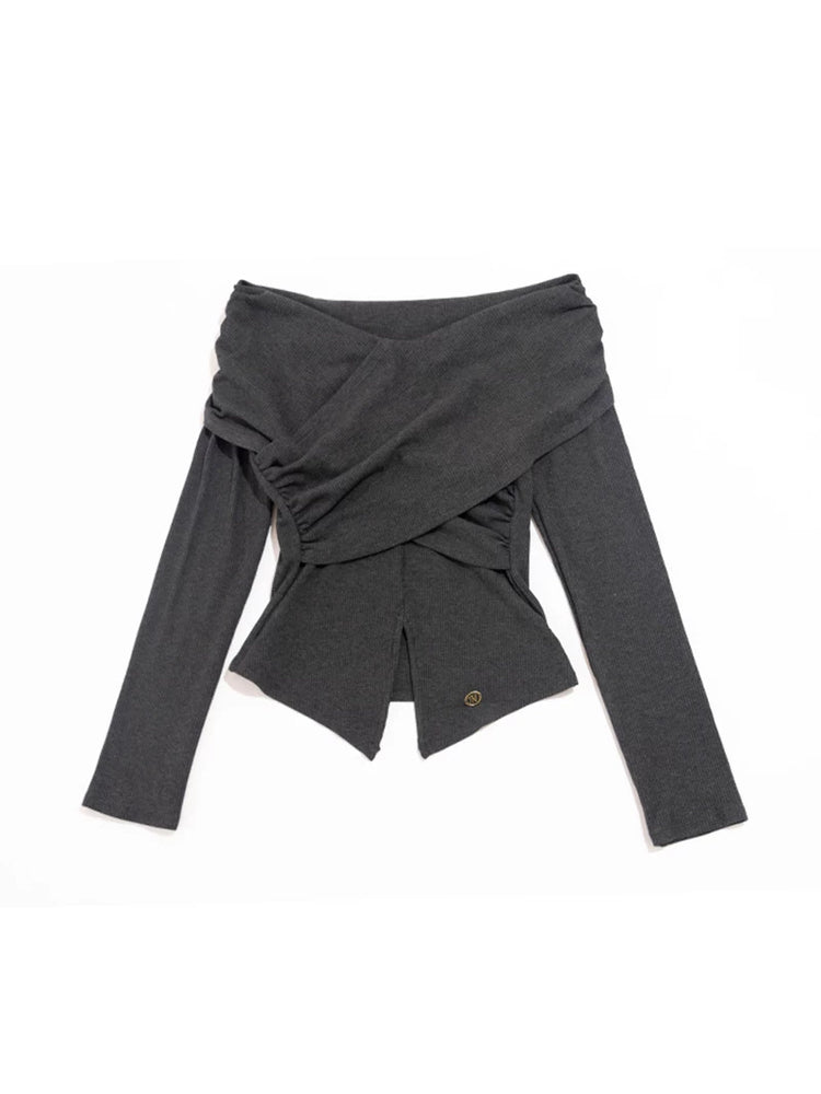 NEXT PASSPORT gray cross-pleated off-shoulder long-sleeve top flat lay