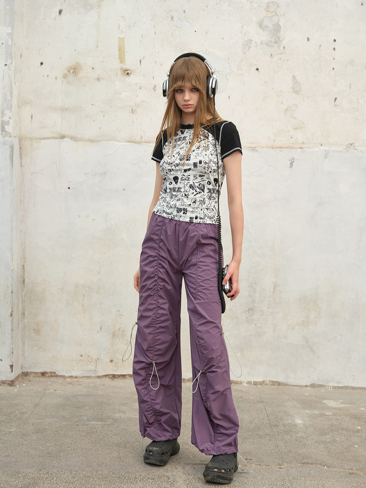 NEXT PASSPORT three-color ruched drawstring wide-leg pants in purple, full-length view