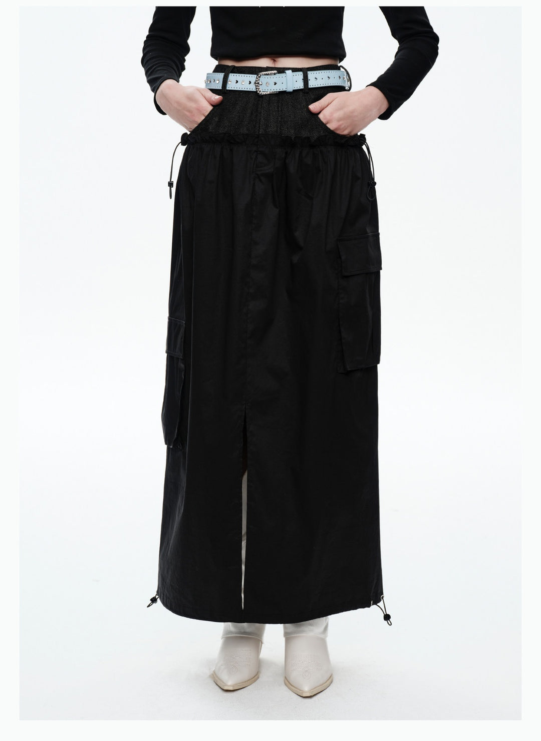 NEXT PASSPORT black faux-layered cargo maxi skirt front view