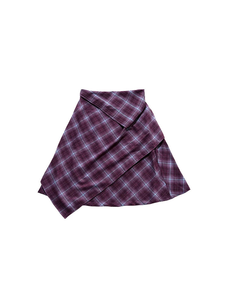 NEXT PASSPORT purple plaid wrap-panel midi skirt flat lay