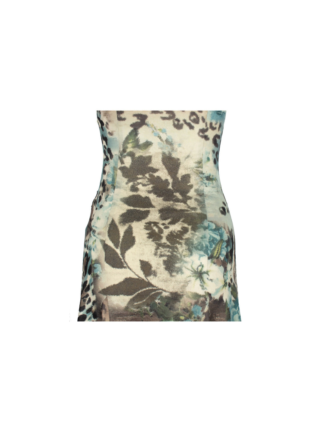 4RE1GN SEA BLUE leopard floral lace dress — back waist detail in gray blue showing floral and leopard print