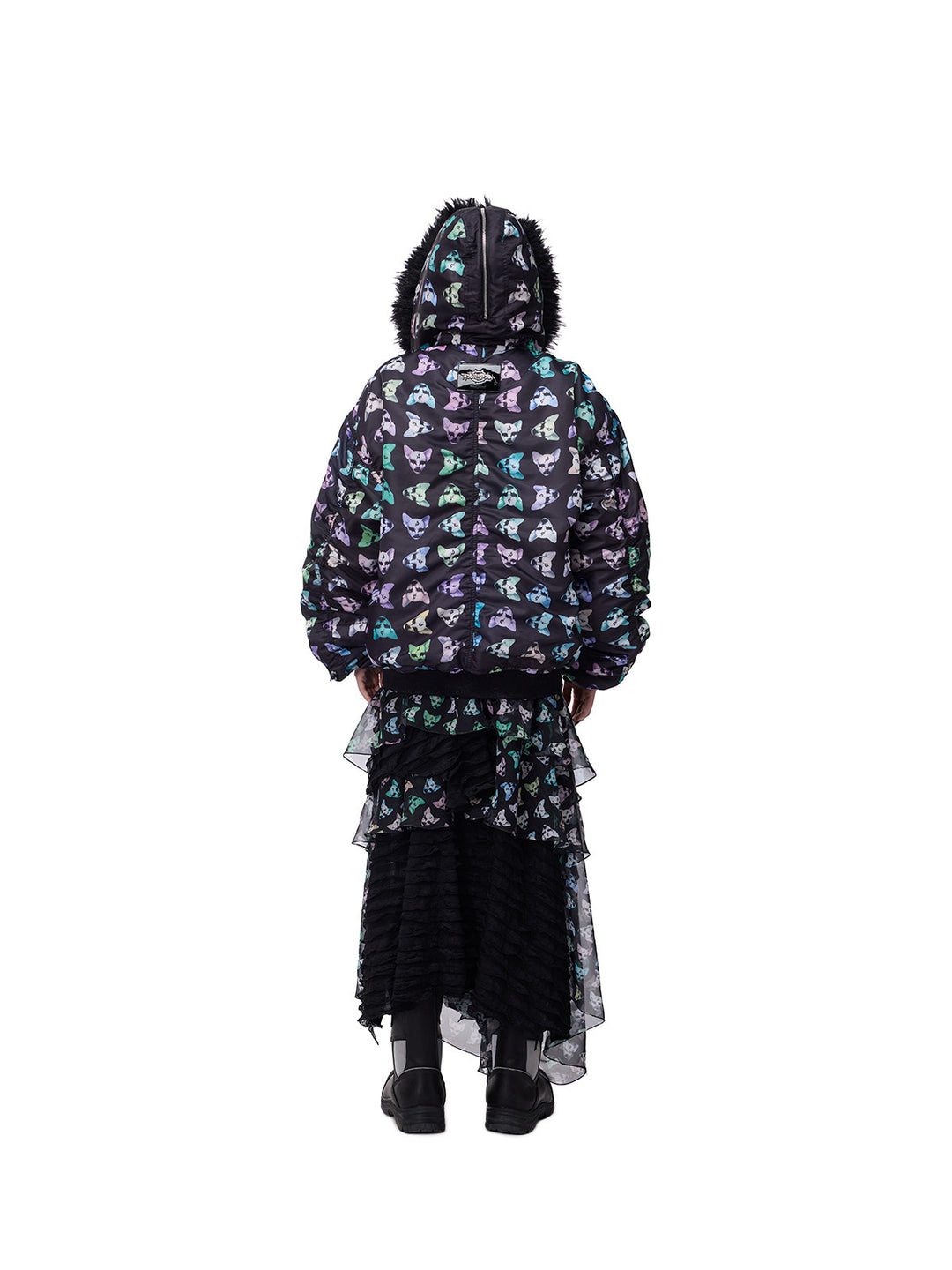 PINKSPINK CAT ALIEN faux-fur collar padded jacket — back full-length modeled view with the hood up and long skirt