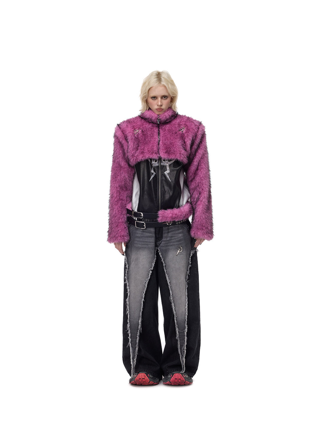 PINKSPINK ELECTRIC MOON gradient faux-fur cropped jacket — front full-length modeled view layered over a black top and jeans
