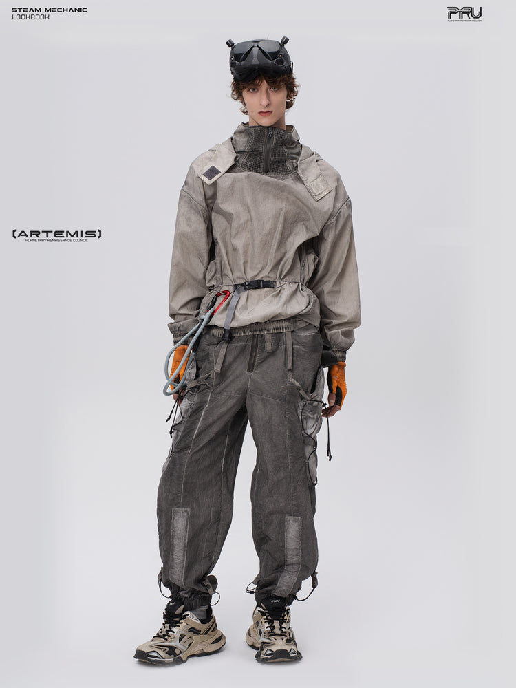 PIONEER meteorite-gray mesh hoodie, full-body front pose with feet apart