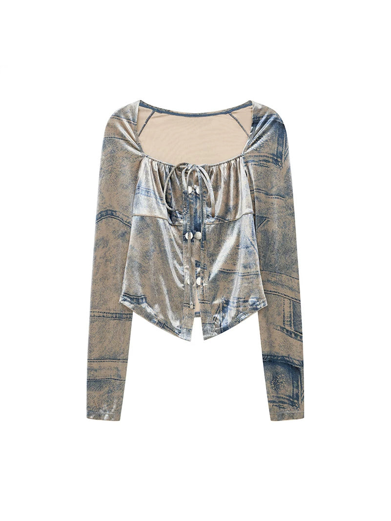 NEXT PASSPORT silver-gray faux-denim velvet top flat lay